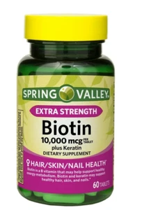 Spring Valley Extra Strength Biotin plus Keratin Tablets, 10000 Mcg, 60 Count. - Picture 1 of 3