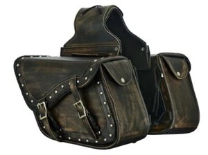 13" W DISTRESSED BROWN GENUINE NAKED LEATHER SADDLEBAGS FOR HONDA - HDD87 - Picture 1 of 6