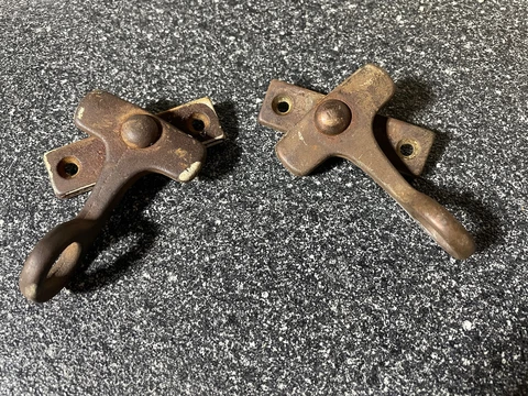 Salvaged Antique Brass Victorian Window Sash Lock Latch Rotating Arms TWO Cover