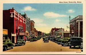 Cartolina d'epoca Waterville Maine ME vista delle vetrine Main Street vecchie auto anni '40 - Foto 1 di 2