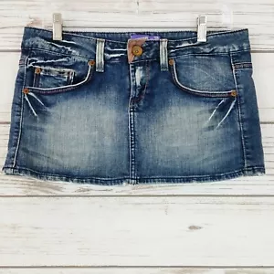 Bershka Denim Womens Mini Skirt Size 6 Blue Distress Leather Accents 5 Pockets - Picture 1 of 6