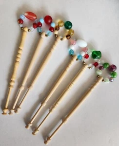 Set of 6 Carved Wood Spangled Lace Bobbins with Glass Beads - Picture 1 of 1