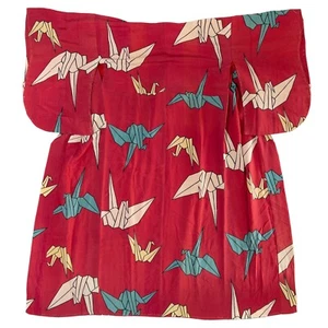 VTG Red Silk Oritsuru Pattern Nagajuban Under-Kimono W/ Extra Han-Eri Fabric: D - Picture 1 of 9