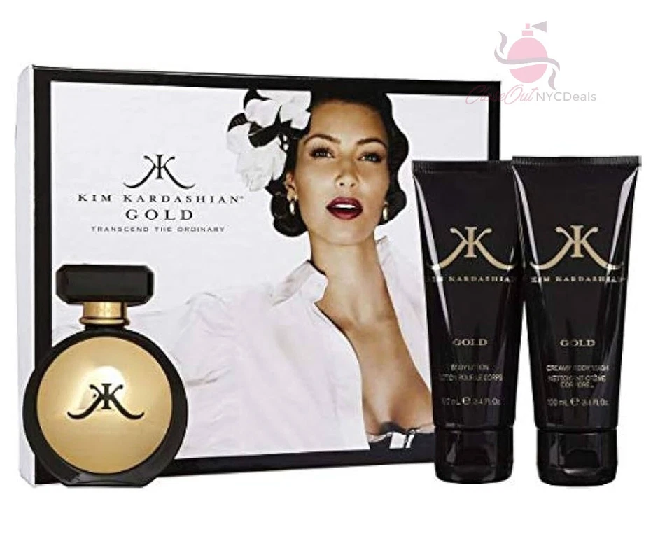 Kim Kardashian Perfume Oro 3 piezas Set de Regalo -3.4 OZ eau de parfum Spray + Loción + Lavado Foto 1 de 3