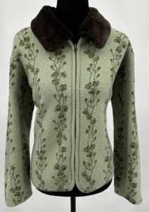 J.G. Hook Women's Faux Fur Collared Cardigan Large Green Floral Blossom Wool - Picture 1 of 12