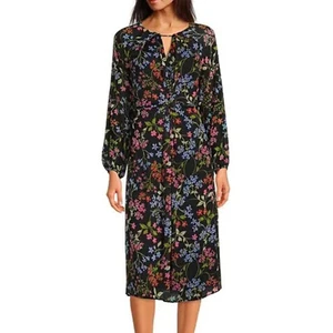 Calvin Klein Sz 4 Black Floral Long Sleeve Round Keyhole Neck Chiffon Dress B53 - Picture 1 of 16