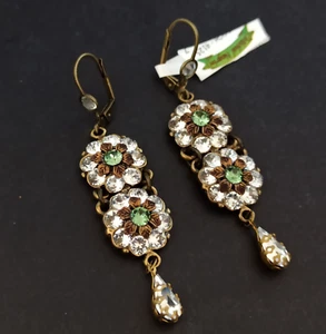 Michal Negrin Earrings Clear White Green Crystals Long Cocktail Runway Gift Box - Picture 1 of 12