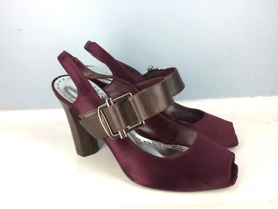 BCBGirls BCBG Burgundy Satin Peep Toe Mary jane Brown Slingback Heels 10 EUC - Image 1 of 4