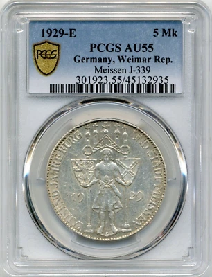 1929-E 5 Reichsmark Germany - Weimar Republic Meissen - J-339 - PCGS AU55 - Image 1 of 3