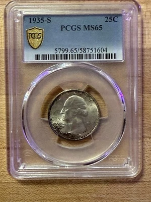 1935-S Washington Quarter PCGS MS65 – Lustrous Gem – Tough S-Mint Registry Coin - Image 1 of 4