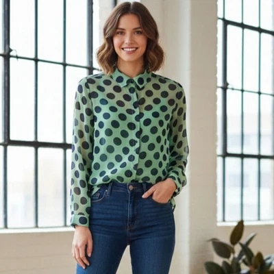 Liz Claiborne Button Down Blouse Mint Green Navy Polka Dot Retro Office Women S - Image 1 of 4