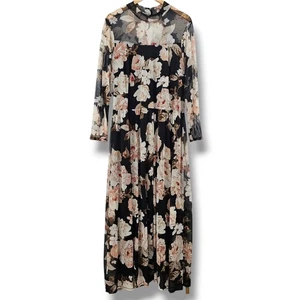 Maxi Vestido En Focus 18W Negro Rosa Floral Malla Transparente Boho Cachicho Fairygrunge - Imagen 1 de 9