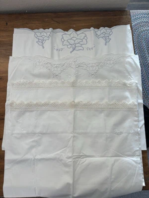 Juego De 4 Fundas De Almohada Vintage Azul Blanco Bordado Crochet Foto 1 de 4