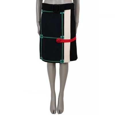 72566 Auténtica Falda PRADA Azul Teal Lana 2011 Estampado Cinturón 44 L Foto 1 de 4