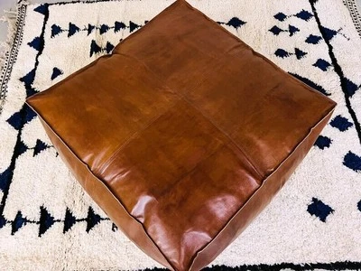 Ottoman Moroccan Leather Pouffe Boho Unstuffed Footstool New 30'' Genuine Brown - Image 1 of 4