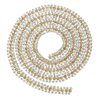 Cadena de diamantes de imitación de cristal de 2 yardas y 3 filas base plateada blanco/amarillo cristal/blanco Foto 1 de 4