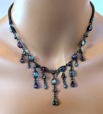 Vintage Sweet Romance Cabochon rhinestone Fringe Antique silver tone Necklace - Image 1 of 4