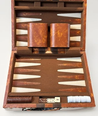 Vintage Backgammon Set Brown Leatherette Case Dice Chips Complete Travel Game - Image 1 of 4