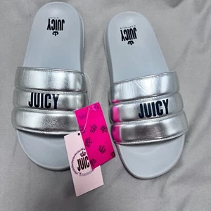 Juicy Couture Slides Silver Metallic Sandals Logo J-WOW Slip On Black Logo 10M - Picture 1 of 13