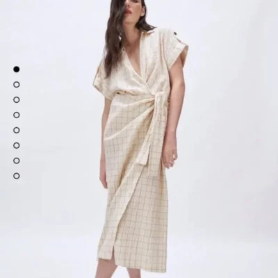 Zara кремовое окно хрустящая ткань надежном платье миди маленький короткие рукава - Изображение 1 из 4