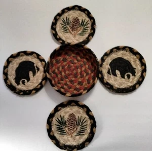 Earth Rugs Home Decor Coaster Set 2 Bear & 2 Pine Cone Cradled In Weaved Holder - Picture 1 of 14