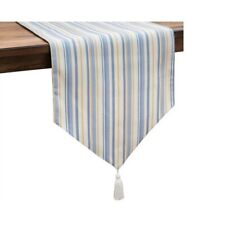 Reversible dining room table runner blue beige stripe tassles 90"L x 14" kitchen