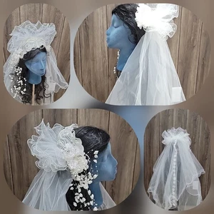 Vintage 80er Hochzeit Katedral Schleier Kopfschmuck Perlenkranz/Perlen Blumen/Länge 37" - Bild 1 von 9