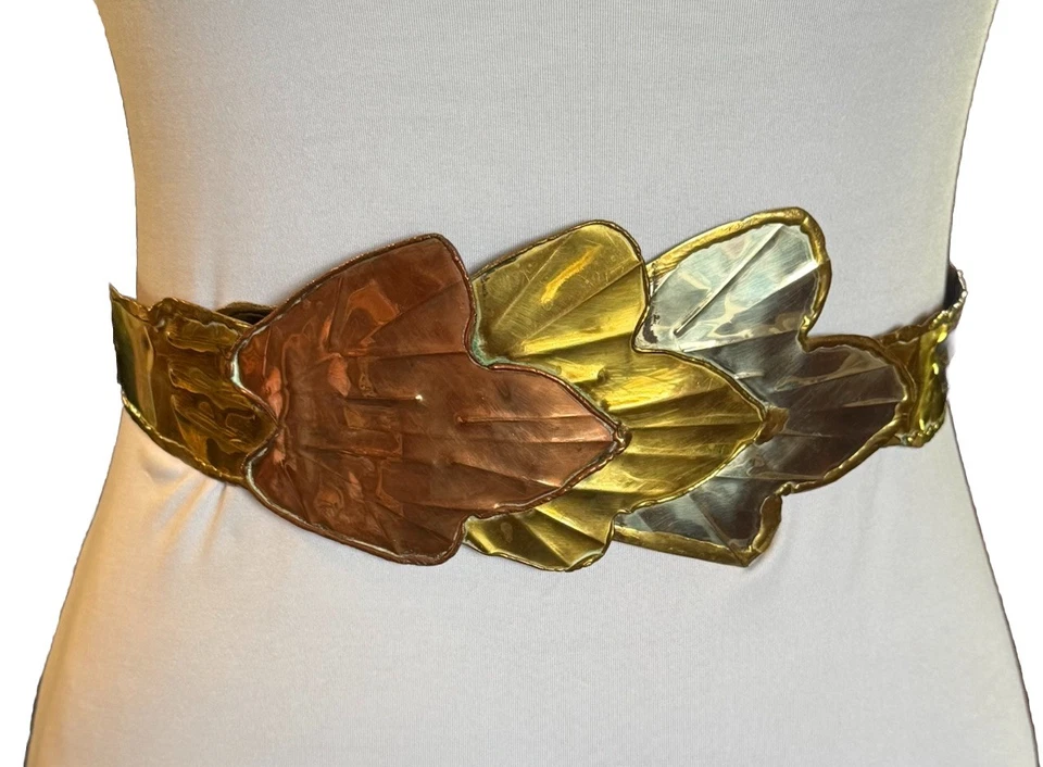 Cinturón de metal ancho estilo corsé 33” hoja de latón tricolor de colección años 80 leer Foto 1 de 4