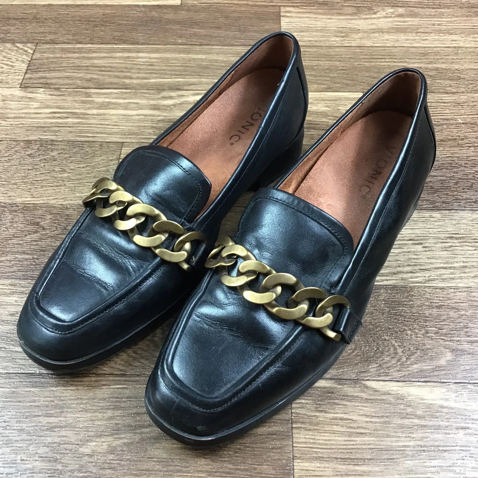 Mocasines Vionic para mujer talla 8 de cuero negro dorado de cadena gruesa Foto 1 de 4