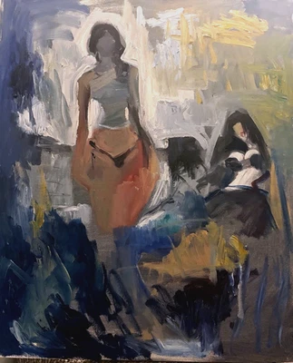 Seascape Abstract Figures Cubism Oil Painting 22x28 Canvas Original Signed - Image 1 of 4