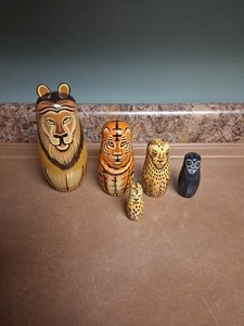 Nistpuppen exotische Raubkatzen Löwe Tiger Leopard Panther handbemalt 5er Set - Bild 1 von 5