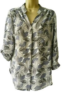 MARINA KANEVA Ladies Size 10 Black White Leaf 3/4 Sleeve Scoop Tunic Blouse Top - Picture 1 of 9