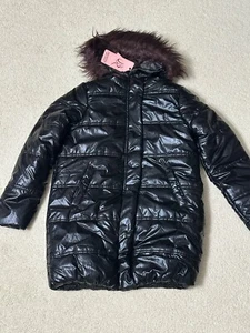 New Girl's Urban Republic Long Puffer Jacket Metallic Black Brown Fur Trim Sz 16 - Picture 1 of 4