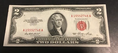 1953 $2.00 TWO DOLLAR RED SEAL NOTE AU Miscut wide left margin tiny stain left - Image 1 of 2