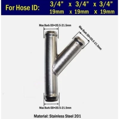 Y Wye 19mm 3/4" in Heater Hose Fitting Adaptor Coolant Pipe Connector Stainless - Image 1 of 4