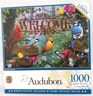 Audubon Jigsaw Puzzle 1000 Perched Complete w Poster Friends Welcome Birds Linen - Image 1 of 4