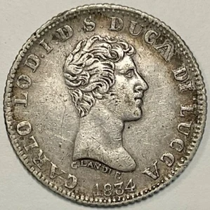 1 LIRA 1834 LUCCA RE CARLO LUDOVICO DI BORBONE 1824-1847 MONETA IN ARGENTO - Foto 1 di 6
