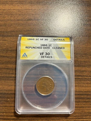 1866-P Repunched Date Indian Head Cent Penny 1C ANACS Genuine Cleaned VF 30 Det  - Image 1 of 4