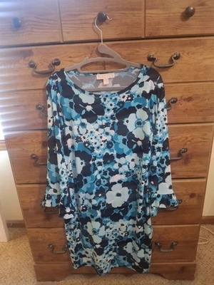 Vestido floral azul grande Michael Kors para mujer con mangas festoneadas 3/4 Foto 1 de 4