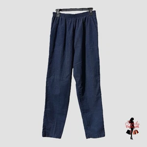 VTG 70s 80s Womens MEDIUM Corduroy HighRise Pants Straight Leg Pockets Navy Blue - Picture 1 of 9