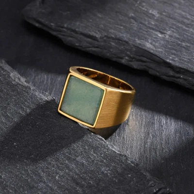 Anillo Cuadrado Acero Inoxidable Hombres Piedra Verde Tono Dorado Geométrico Punk Joyería Foto 1 de 4