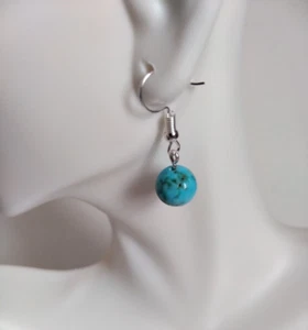 Turquoise Bead Earrings Natural Stone Handmade Silver Tone Drop Hook Simple Boho - Picture 1 of 9