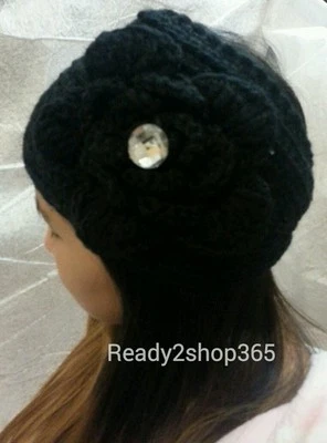 Faixa de cabelo feminina de crochê inverno flor envoltório de cabeça malha aquecedor de orelha preto novo - Imagem 1 de 4