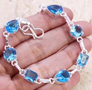 Blue Topaz Art Piece 925 Silver Plated Handmade Bracelet of 7"