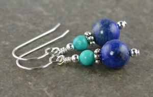 Blue Lapis Lazuli, Turquoise & Sterling Silver Drop Earrings with Gift Box - Picture 1 of 8