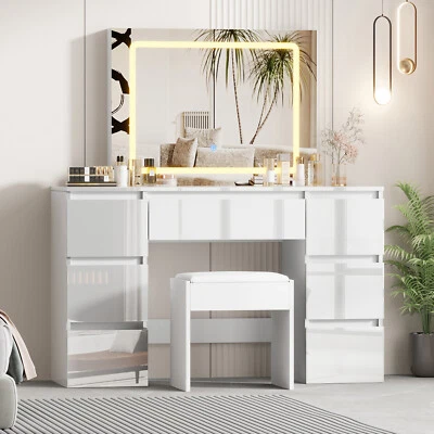 White Dressing Table High Gloss Vanity Makeup Desk 7 Drawers& Stool& LED Mirror - Image 1 of 4