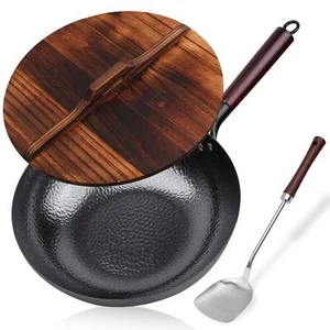 Carbon Steel Wok Stir Fry Pan Flat Bottom Iron with lid for Electric Stove - Picture 1 of 7