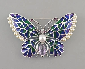 9923618-d Anhänger Brosche 925er Silber Amethyst Perle Emaille 6,2x4cm vintage - Picture 1 of 2