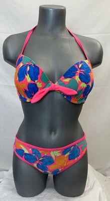 Aerie Bikini Floral Neon Push-up Top 36C Side Bottom Medium NWOT - Image 1 of 4