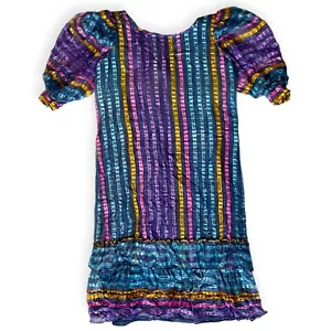 Vtg 80's Silk dress rainbow metallic pink blue teal gold striped Ruffles Sz. 14 - Picture 1 of 6